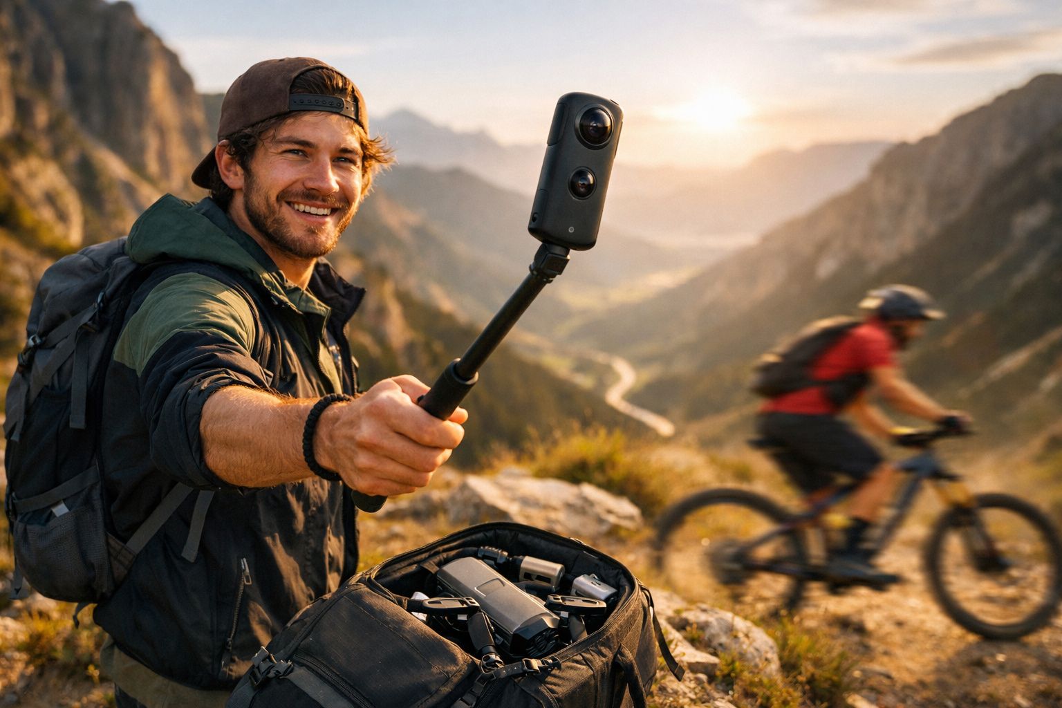Homem sorridente com mochila grava vídeo em câmera 360 em trilha montanhosa ao pôr do sol.