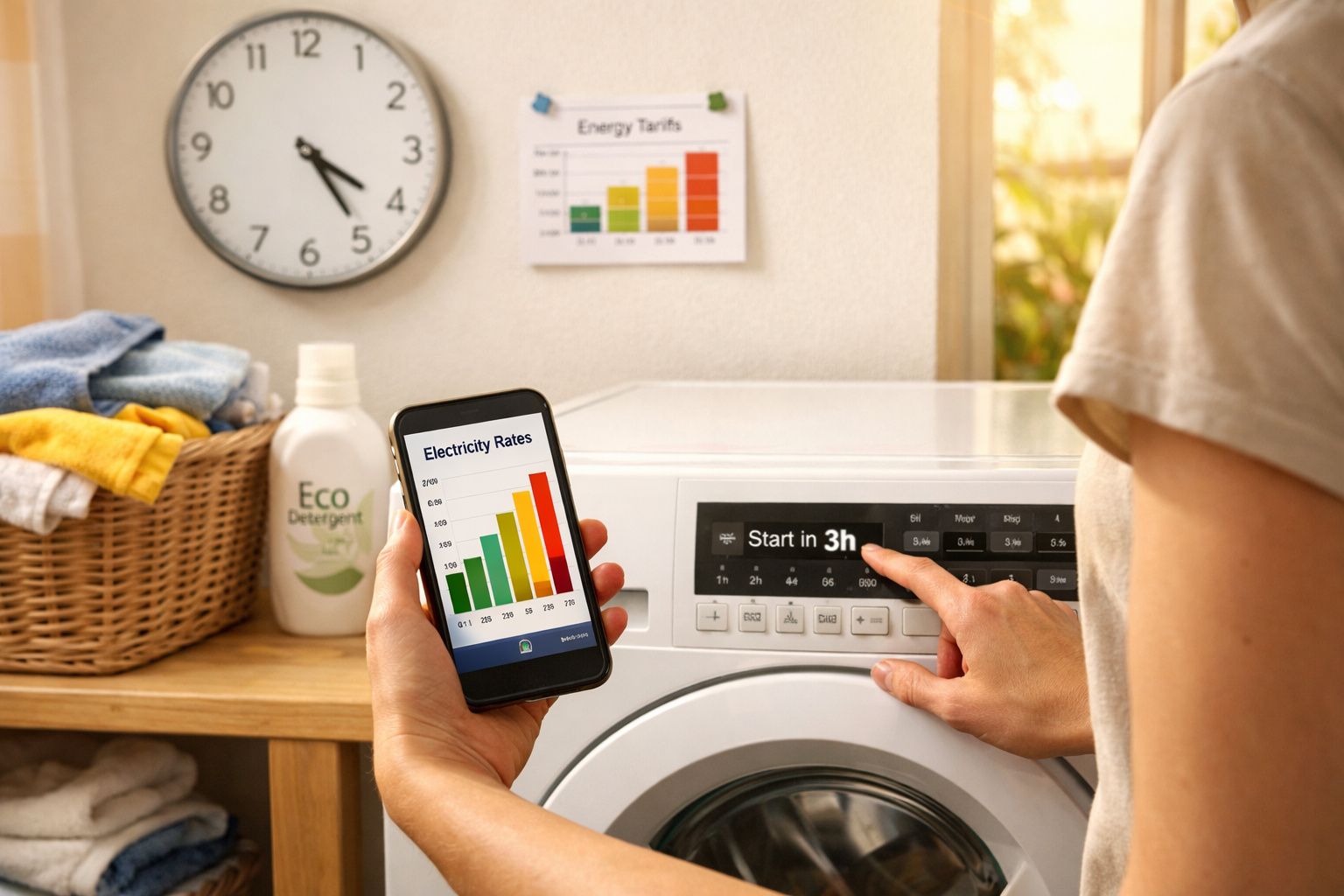 Pessoa programando máquina de lavar com informação de tarifas de energia no celular em lavanderia.