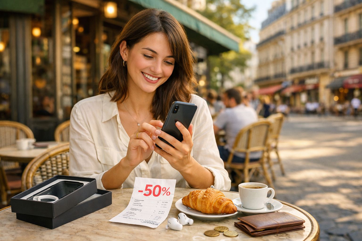Mulher sorridente usando celular em café ao ar livre com croissant, café e desconto de 50%.