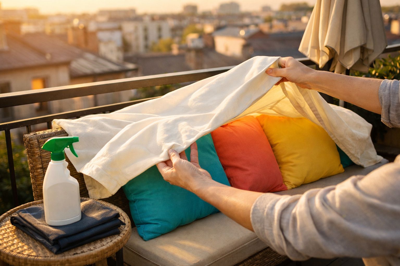 Pessoa cobrindo almofadas coloridas em varanda com tecido branco, ao lado borrifador e toalhas.
