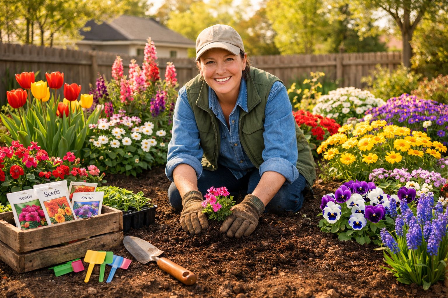 Mulher sorridente plantando flores coloridas em jardim ensolarado com sementes e ferramentas ao lado.