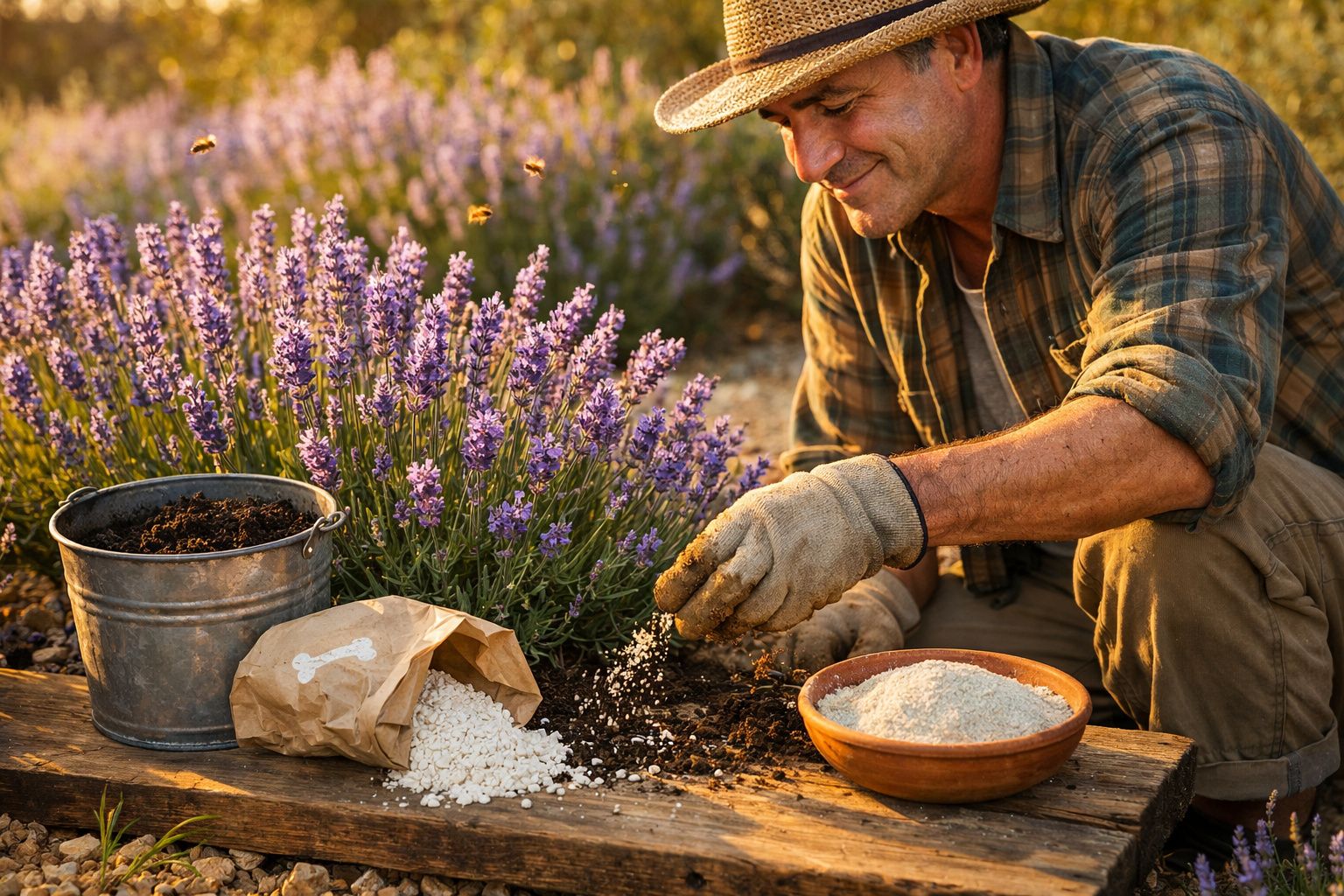 Homem com chapéu e luvas aduba planta de lavanda em jardim ao pôr do sol.