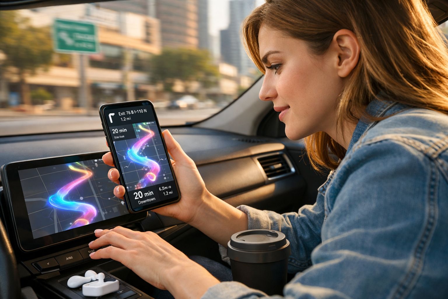 Mulher usando smartphone com mapa de navegação digital dentro de carro estacionado na cidade.