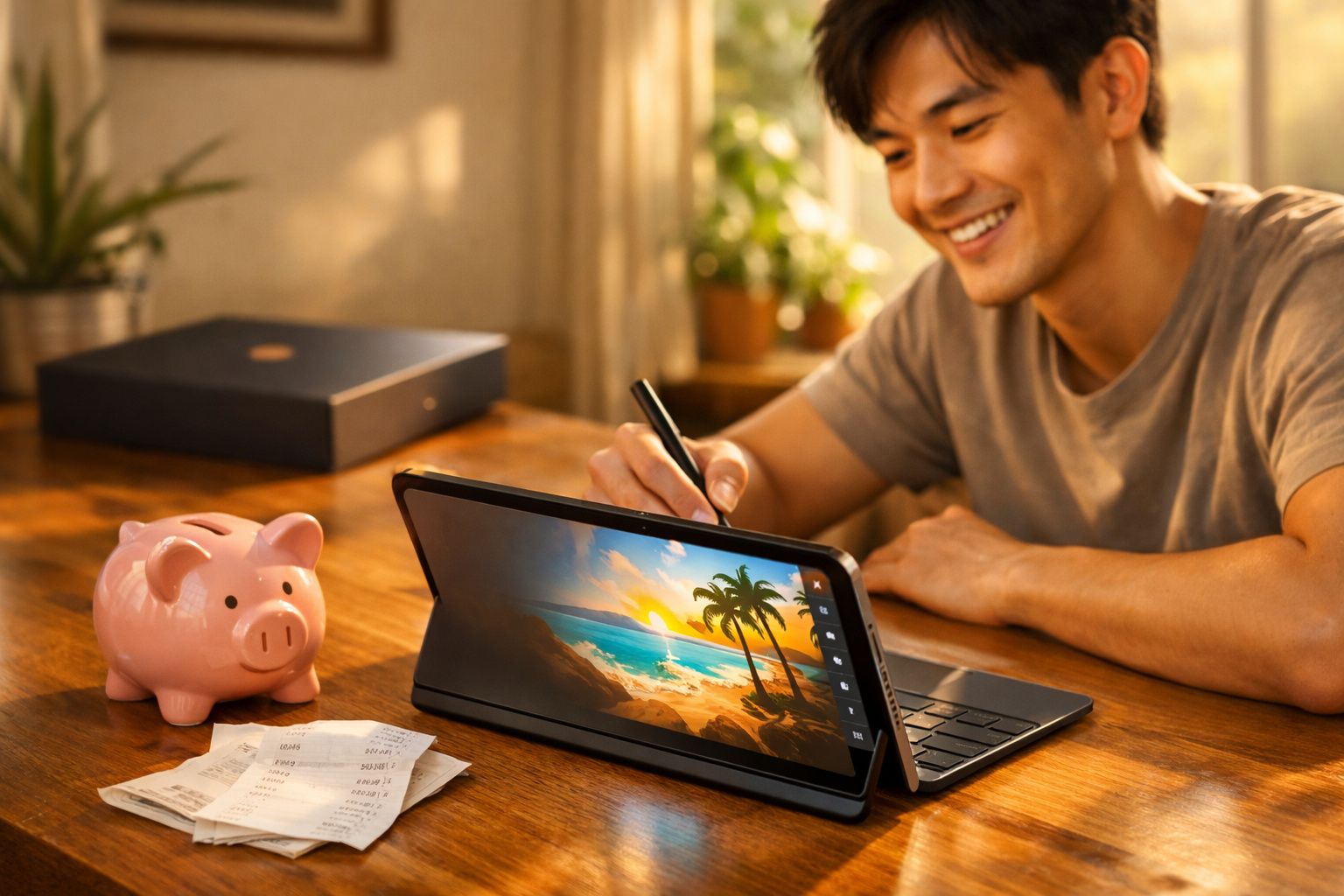 Jovem sorrindo enquanto desenha uma paisagem tropical em tablet, com cofrinho e recibos na mesa.