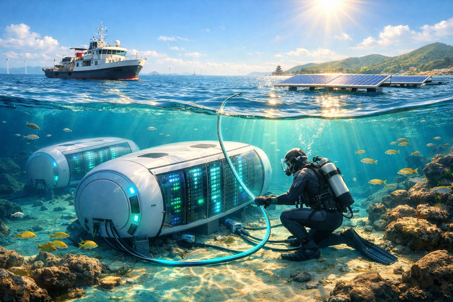 Mergulhador conecta cabos a data centers submersos, com barco e painéis solares ao fundo.