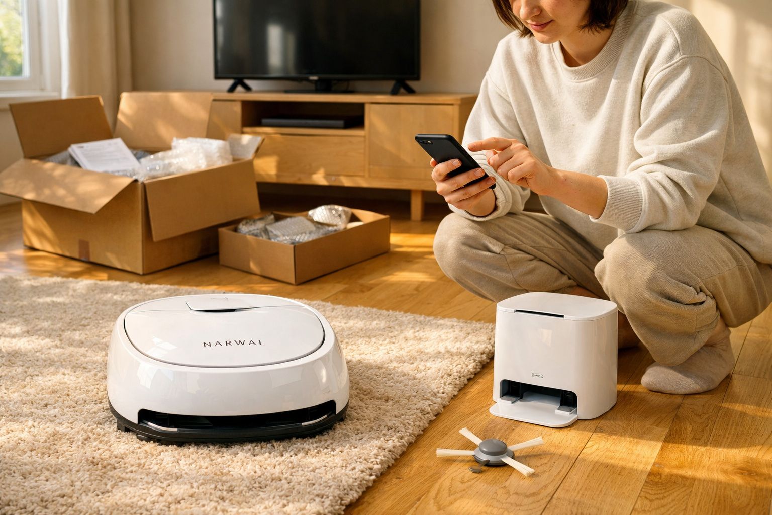 Pessoa usando smartphone ao lado de aspirador robô branco em sala com caixas abertas.