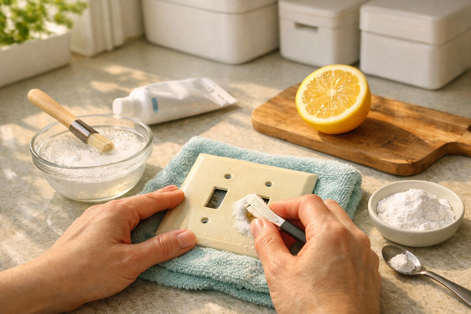 Pessoa limpando placa de interruptor com escova pequena e bicarbonato, com limão e utensílios ao redor.