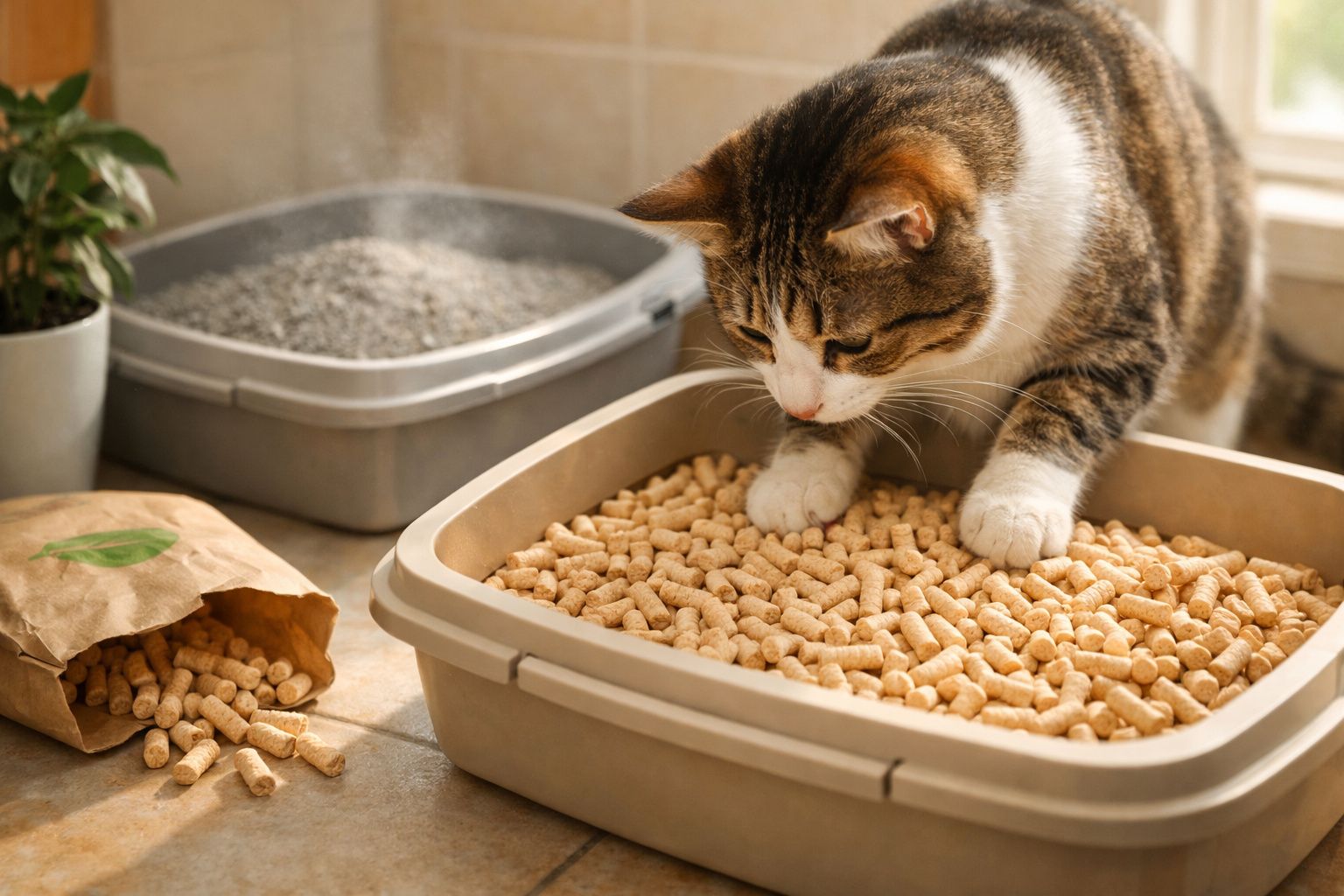 Gato observando bandeja sanitária com pellets de madeira em ambiente interno iluminado.