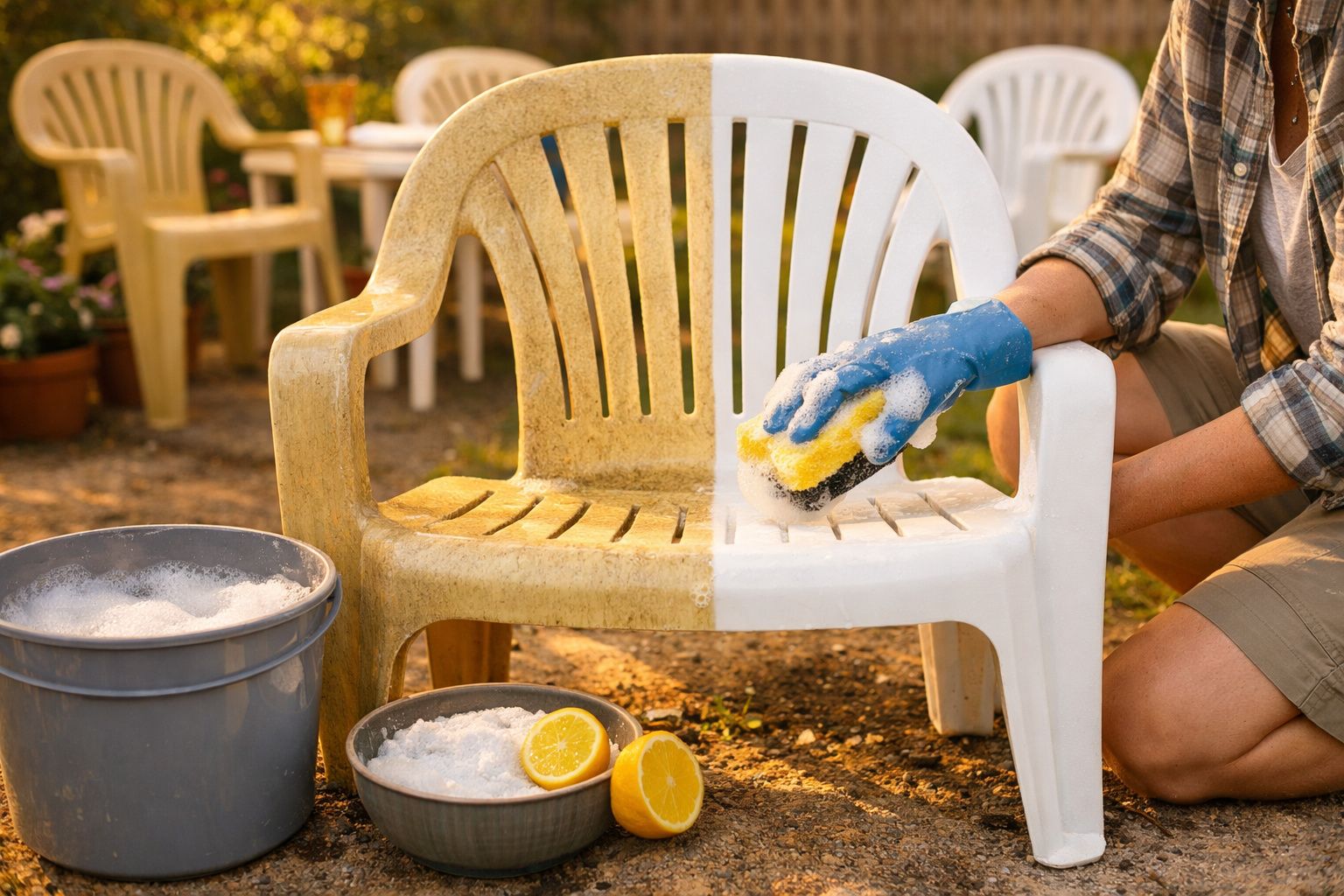 Pessoa limpando cadeira plástica amarela suja ao ar livre com esponja e luva azul.