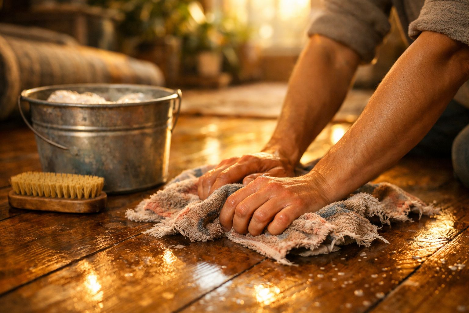 Mãos esfregando pano para limpar chão de madeira com balde e escova ao lado em ambiente iluminado.