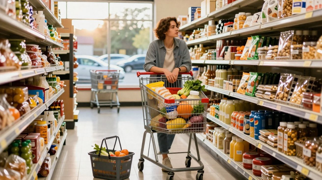 Mulher jovem empurrando carrinho de compras no supermercado entre prateleiras com alimentos variados.