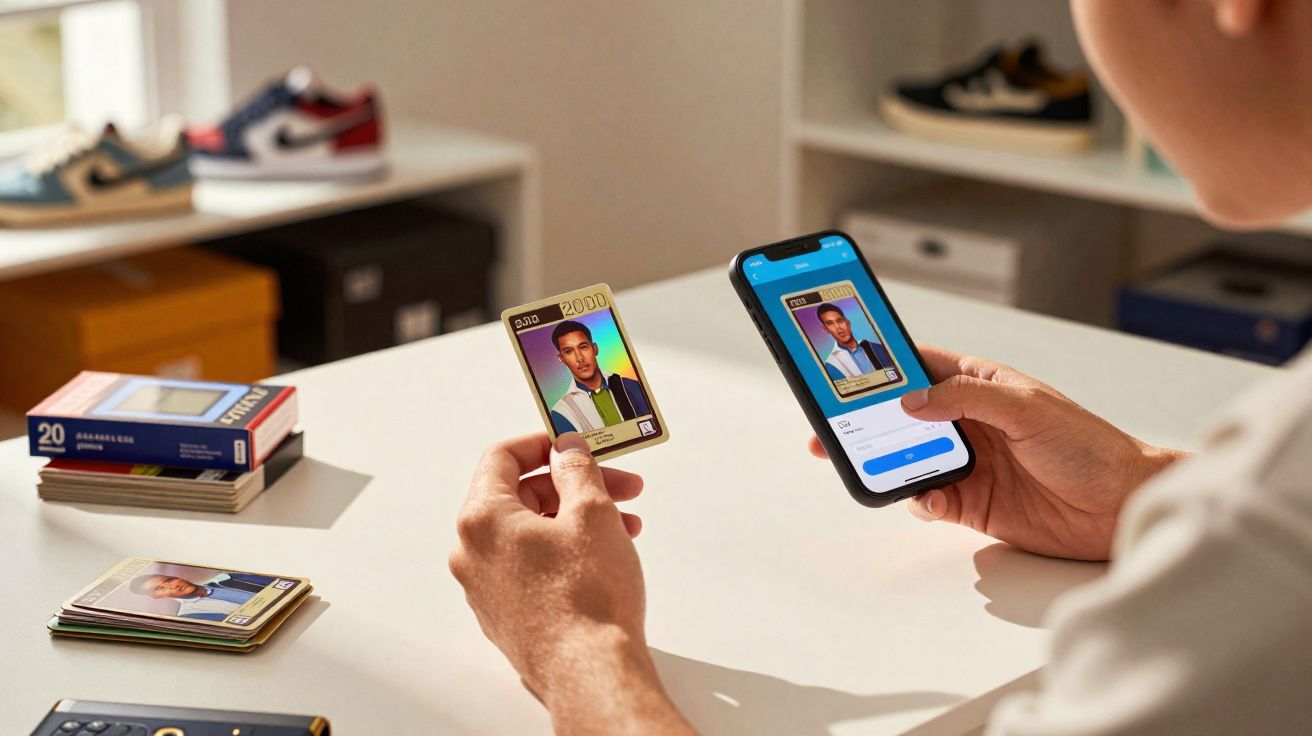 Pessoa segurando cartão de colecionador e celular com aplicativo de digitalização de cartão na mesa branca.