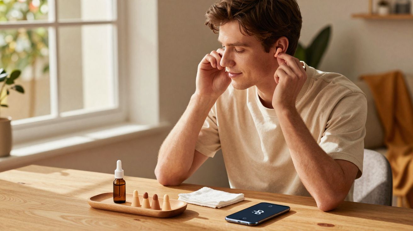 Homem sentado à mesa colocando fones de ouvido enquanto usa app de meditação no celular.