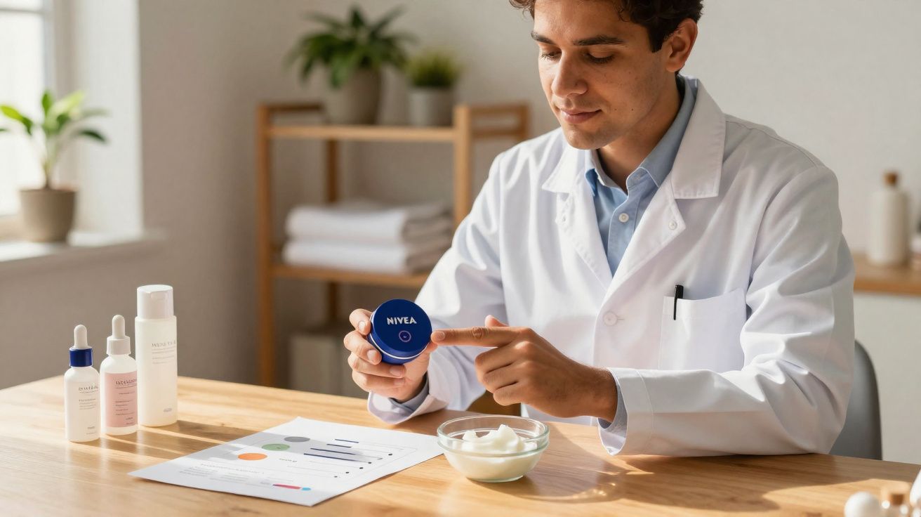 Homem de jaleco branco segurando pote de creme Nivea em ambiente com produtos cosméticos sobre mesa.