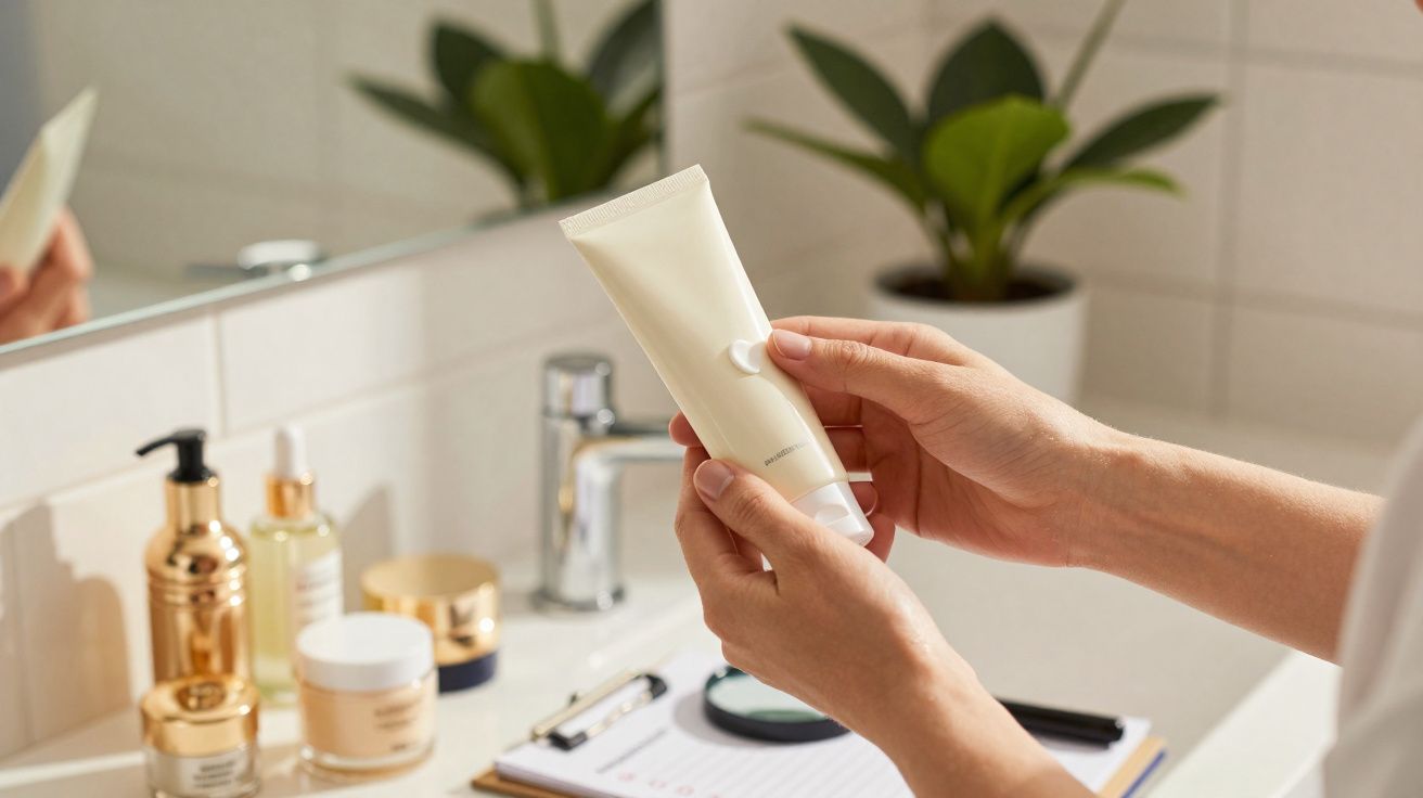 Pessoa aplicando creme nas mãos em bancada com produtos de beleza e plantas ao fundo.