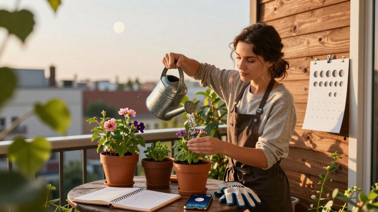 Mulher regando flores em vasos no terraço durante o pôr do sol, com calendário e luvas ao lado.