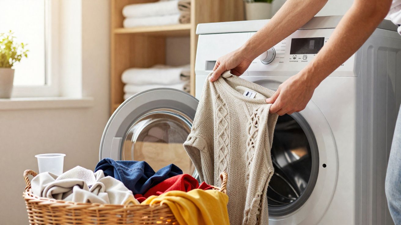 Pessoa colocando roupa clara na máquina de lavar ao lado de cesto com roupas coloridas.