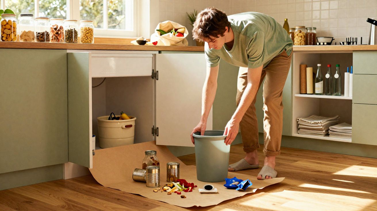 Homem recolhendo lixo reciclável na cozinha com sacola e objetos espalhados no chão.
