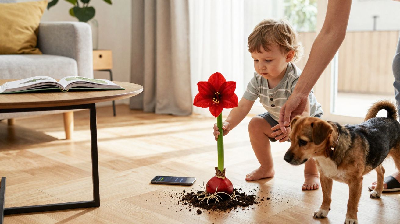 Criança segurando flor vermelha plantada no chão com ajuda de adulto, cão ao lado em sala iluminada.