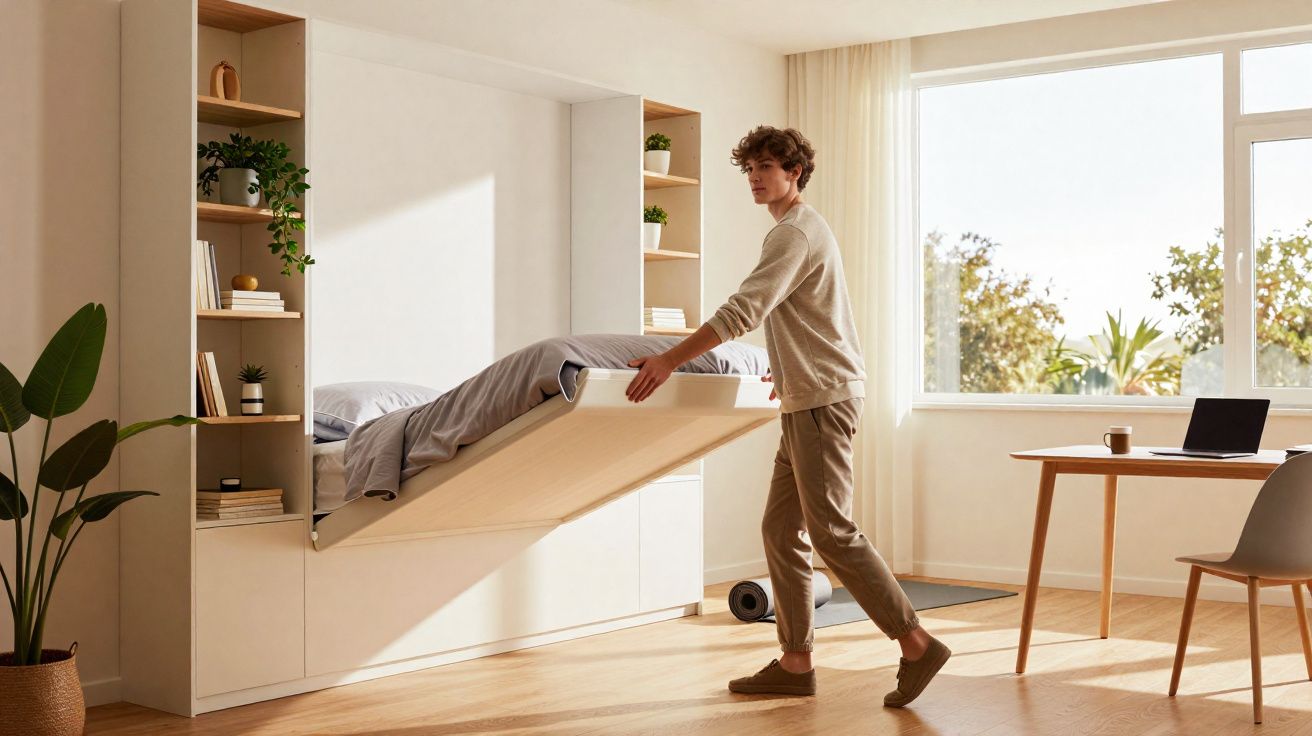 Homem dobrando cama de parede em quarto iluminado com móveis claros e planta verde.
