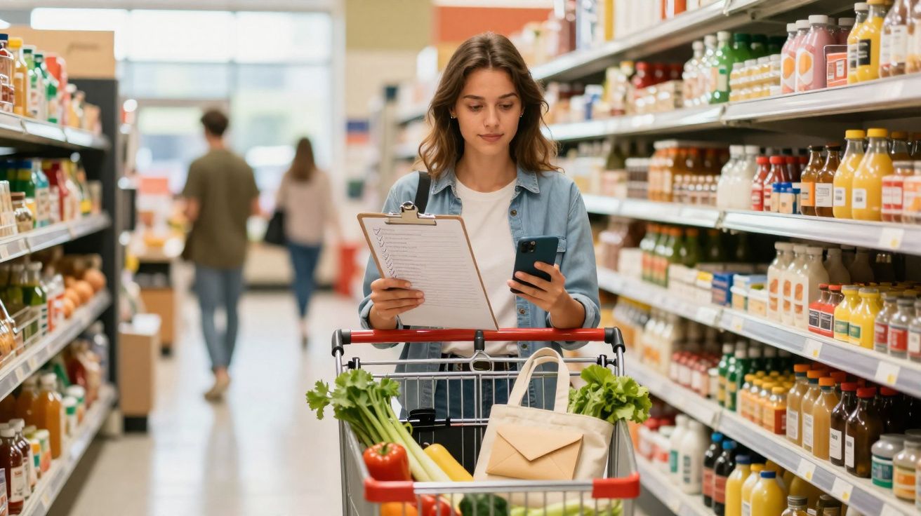 Mulher verificando lista no celular enquanto faz compras em supermercado com carrinho cheio de legumes e sucos.