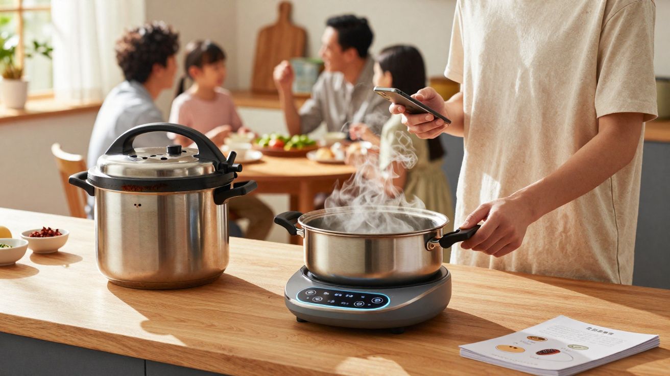 Pessoa cozinhando com panela elétrica na cozinha, enquanto família conversa ao fundo na mesa.