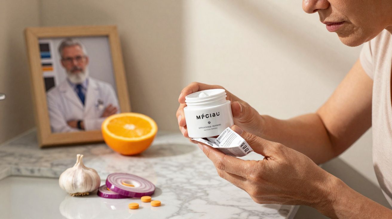 Pessoa lendo bula de medicamento ao lado de alho, cebola, laranja e foto de médico em mesa de mármore.