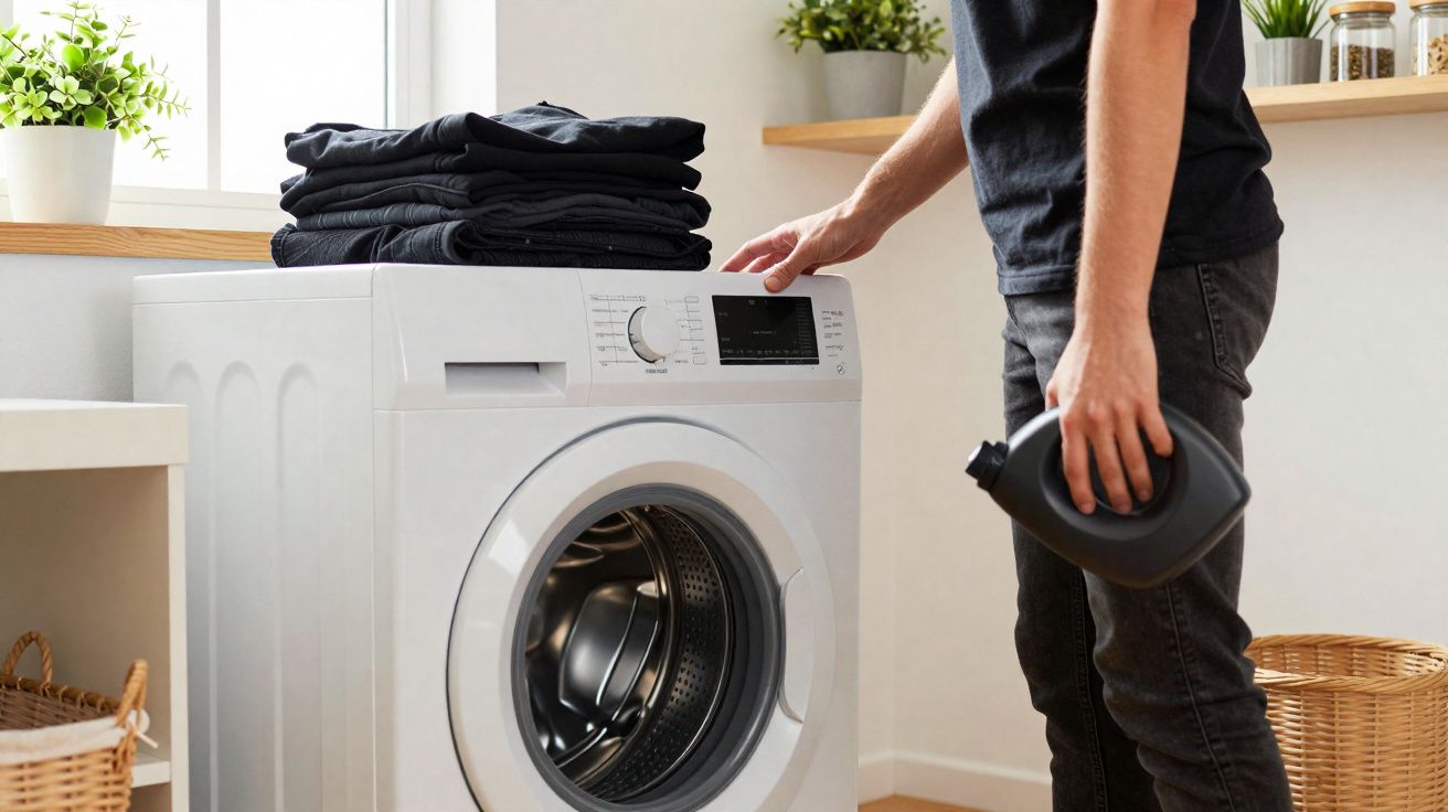 Pessoa usando máquina de lavar roupas branca com roupas pretas dobradas no topo em lavanderia iluminada.