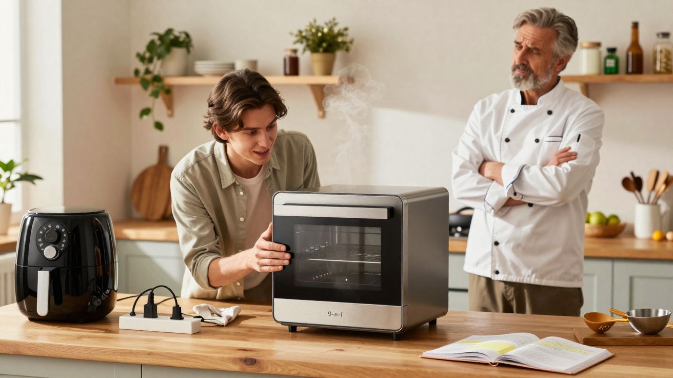 Jovem abrindo forno elétrico enquanto chef observa, em cozinha moderna com bancada de madeira.