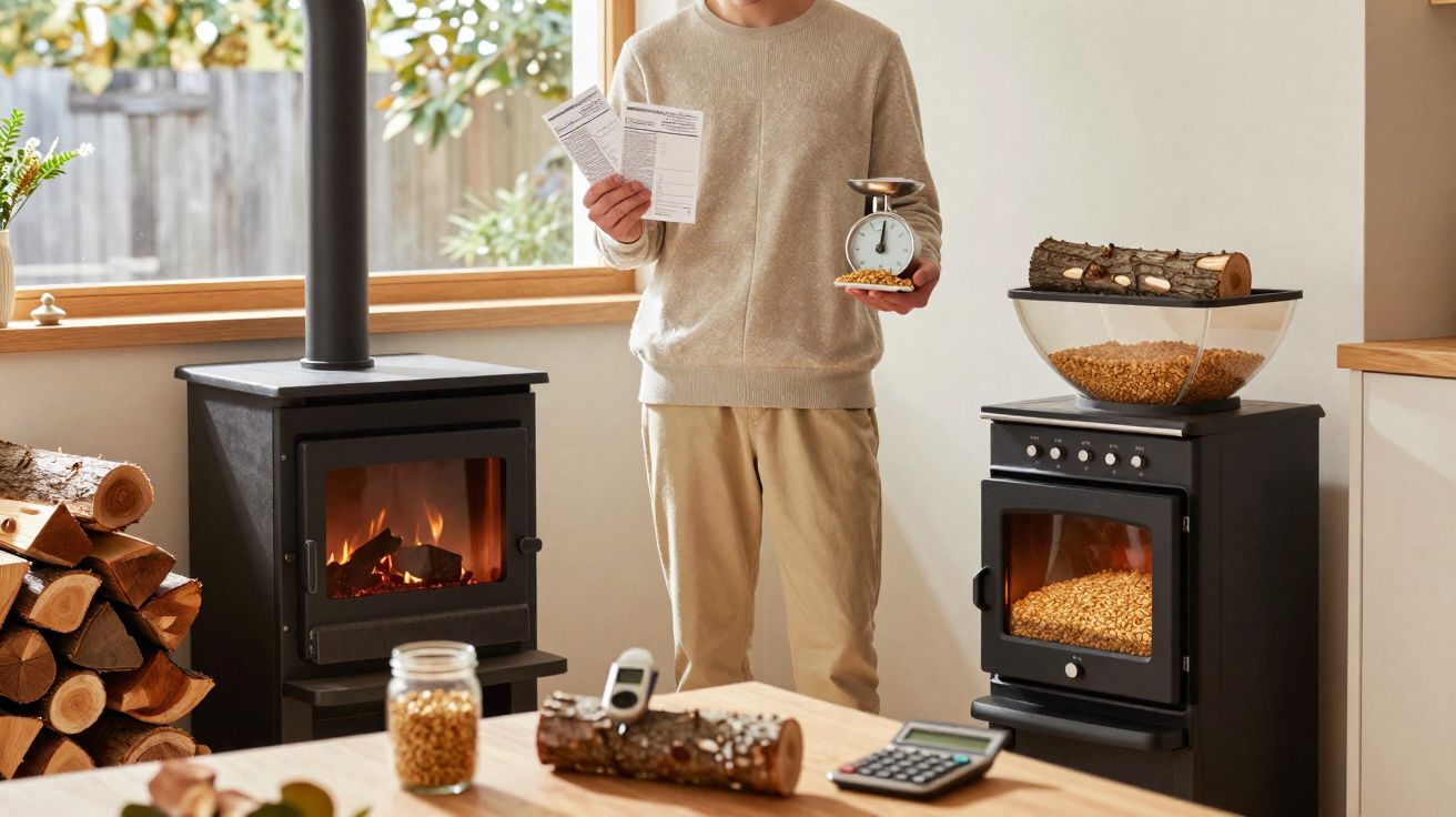 Pessoa segurando papel e balança digital em ambiente com fogão a lenha e grãos armazenados.