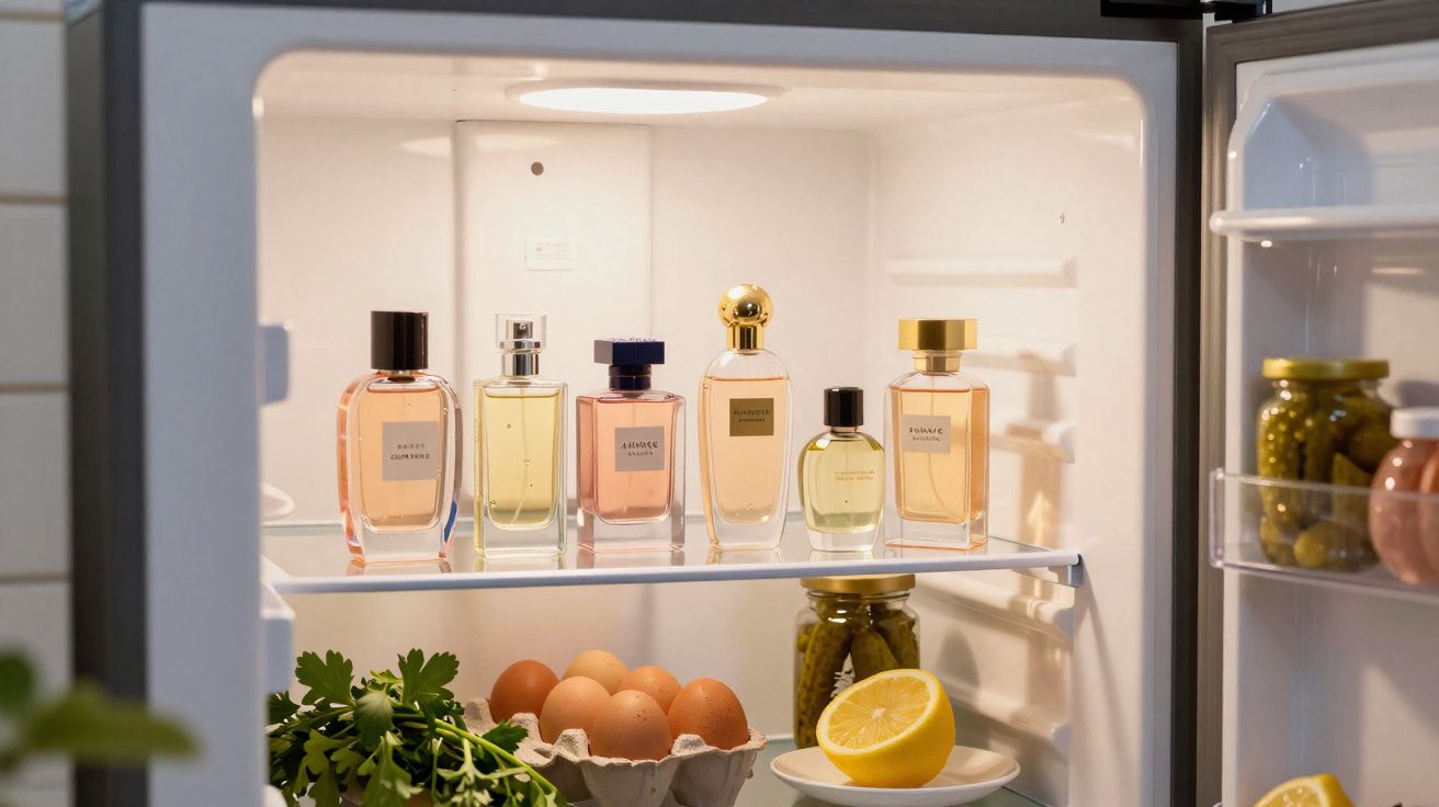 Garrafinhas de perfumes alinhadas na prateleira superior da geladeira, com ovos, limão e temperos abaixo.