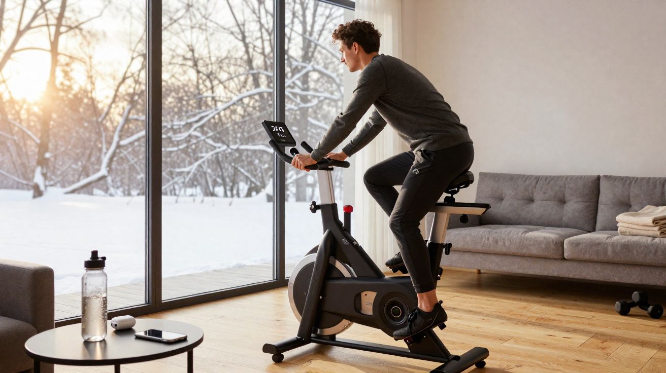 Homem exercitando-se em bicicleta ergométrica dentro de casa com vista para jardim nevado ao pôr do sol.