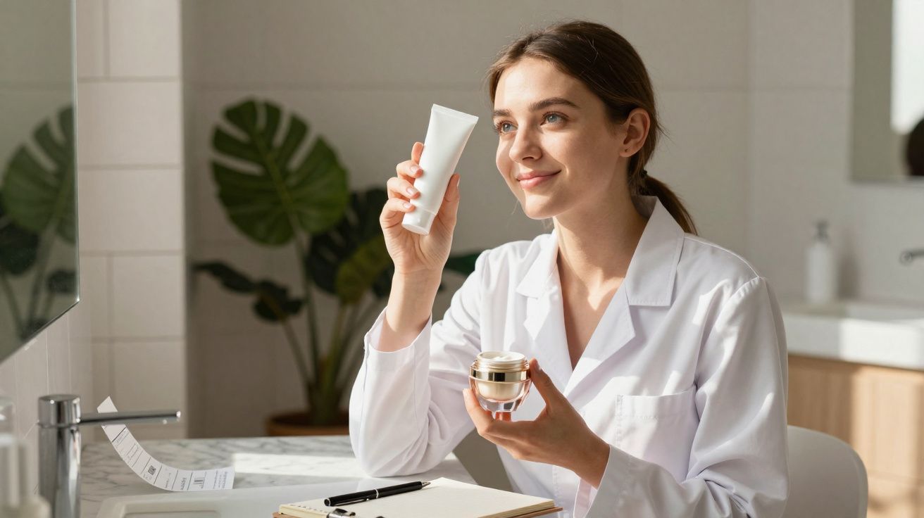Mulher sorridente em jaleco branco segurando creme facial e embalagem em ambiente claro de banheiro.