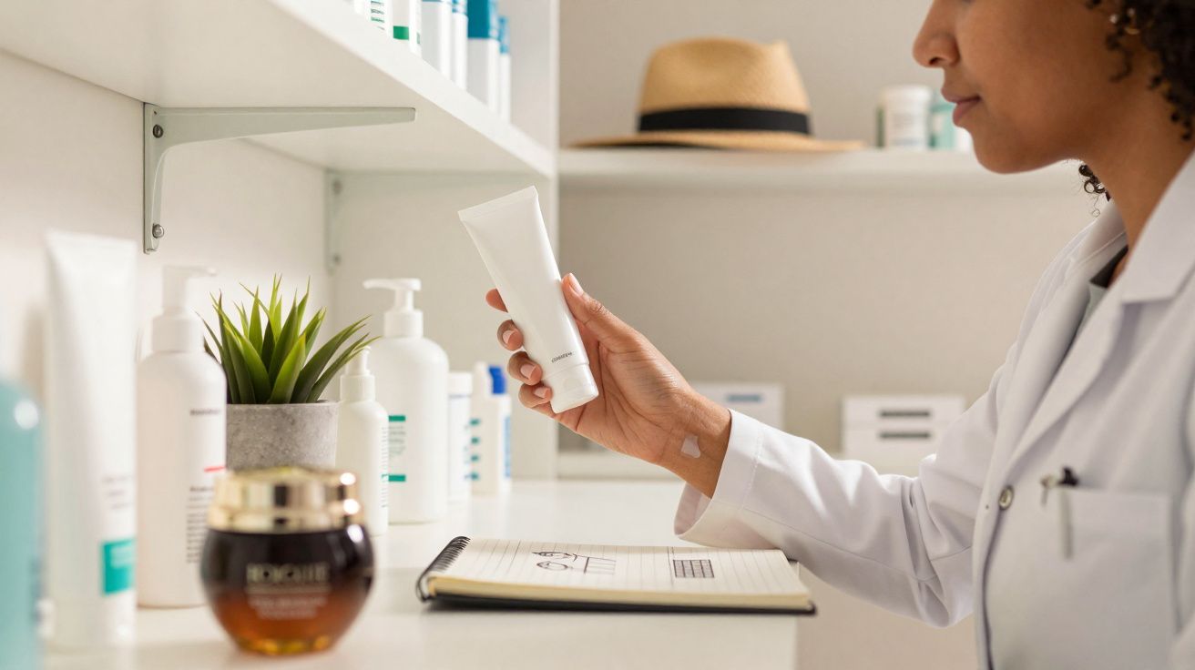 Mulher com jaleco branco segurando um tubo de creme em prateleira com produtos de beleza.