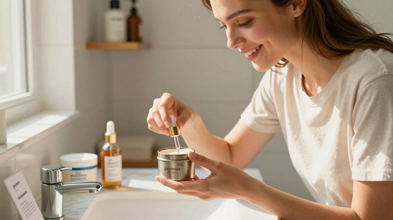 Mulher sorrindo aplica creme facial em banheiro com luz natural pela janela.