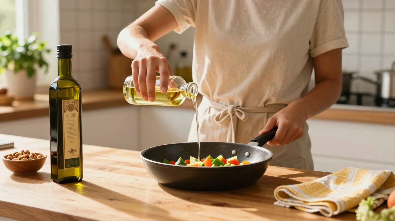 Pessoa despejando azeite em legumes dentro de frigideira em cozinha iluminada pelo sol.