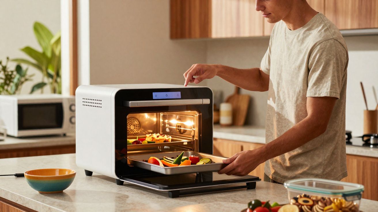 Homem colocando uma assadeira com legumes em forno elétrico moderno na cozinha.