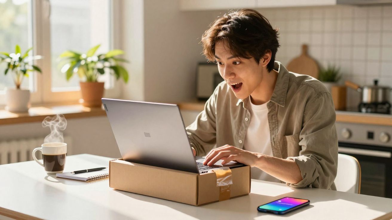Jovem surpreso usando laptop apoiado em caixa de papelão, com celular e café na mesa de cozinha iluminada.