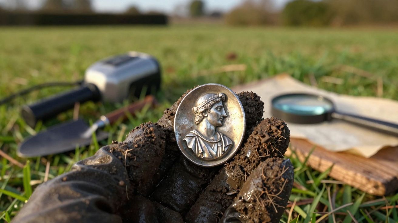 Mão com luva segurando moeda antiga suja de terra em campo com lupa e pá ao fundo.