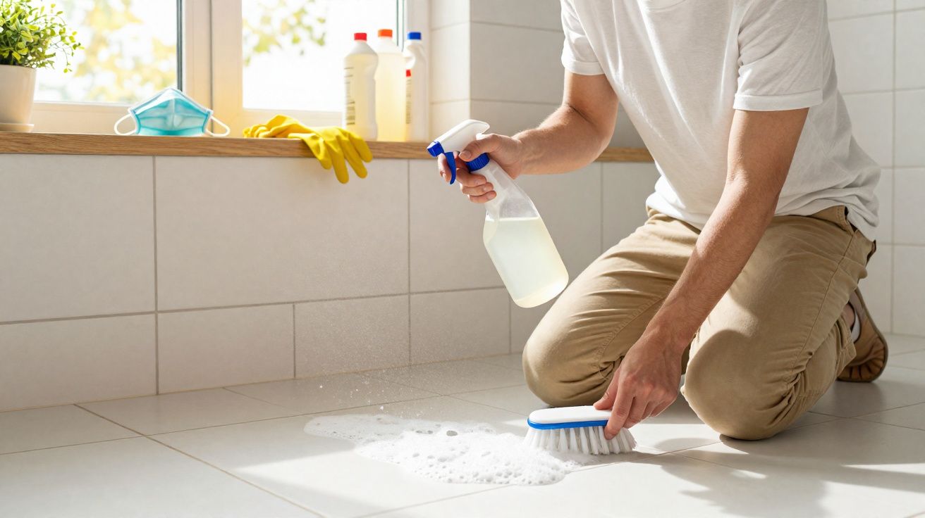 Pessoa limpando chão de azulejo com escova e spray de limpeza em ambiente iluminado.
