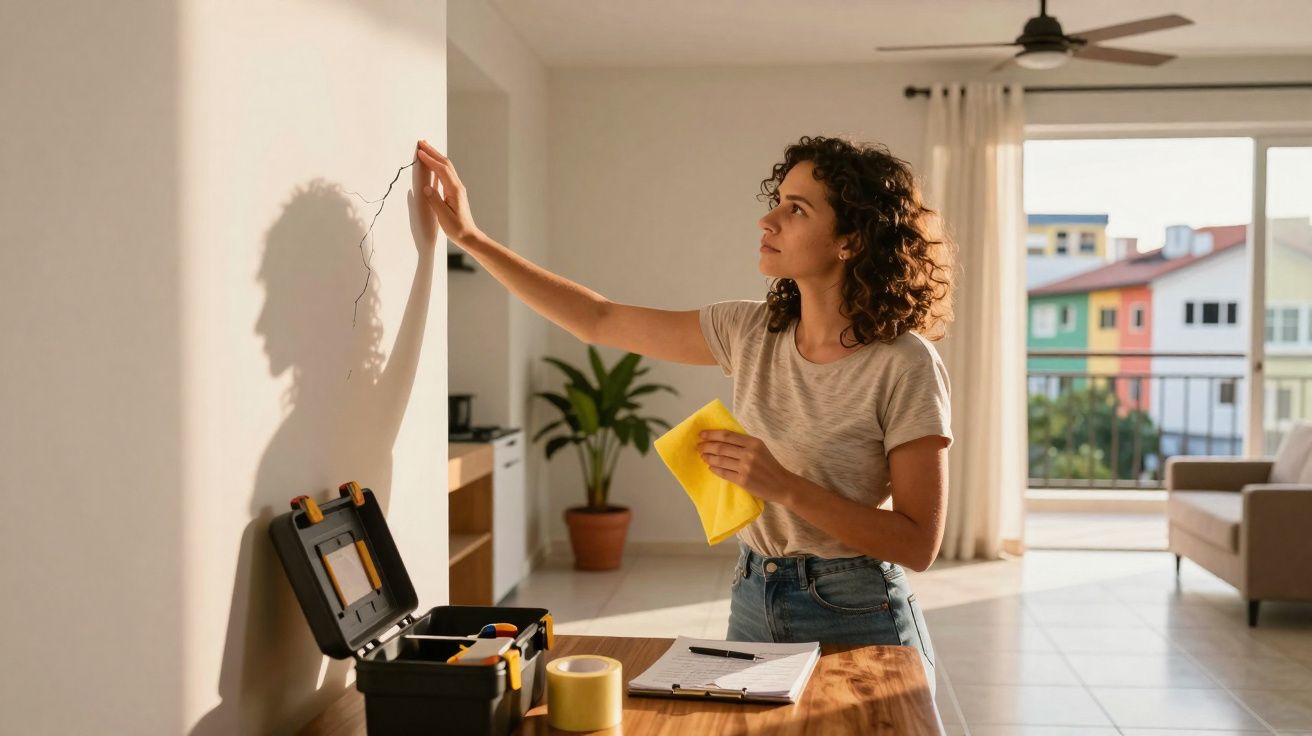 Mulher avaliando rachadura na parede enquanto limpa com pano amarelo em sala iluminada.