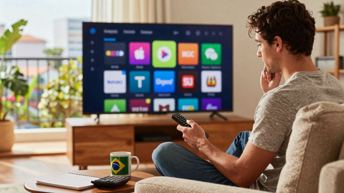 Homem sentado no sofá controlando streaming na TV com controle remoto e caneca com bandeira do Brasil na mesa.