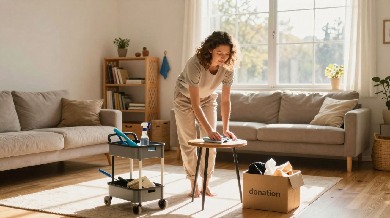 Mulher limpando mesa de centro em sala iluminada, com sofá, caixa de doações e carrinho de limpeza.