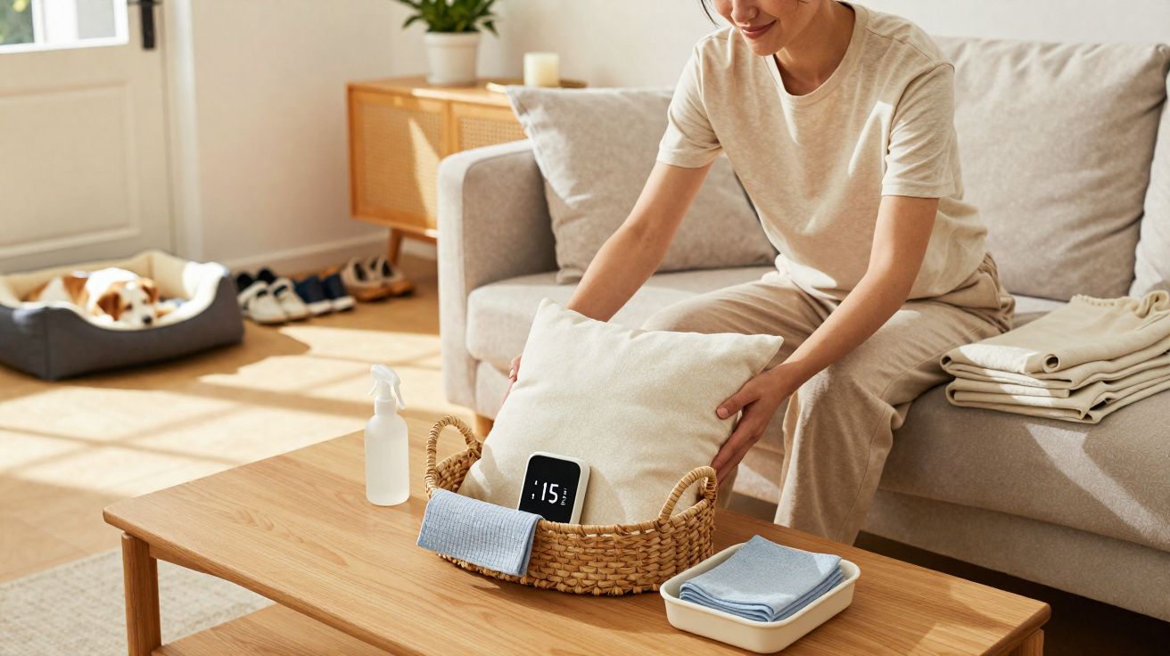 Mulher organizando almofada em cesta na sala de estar iluminada, com cachorro dormindo ao fundo.