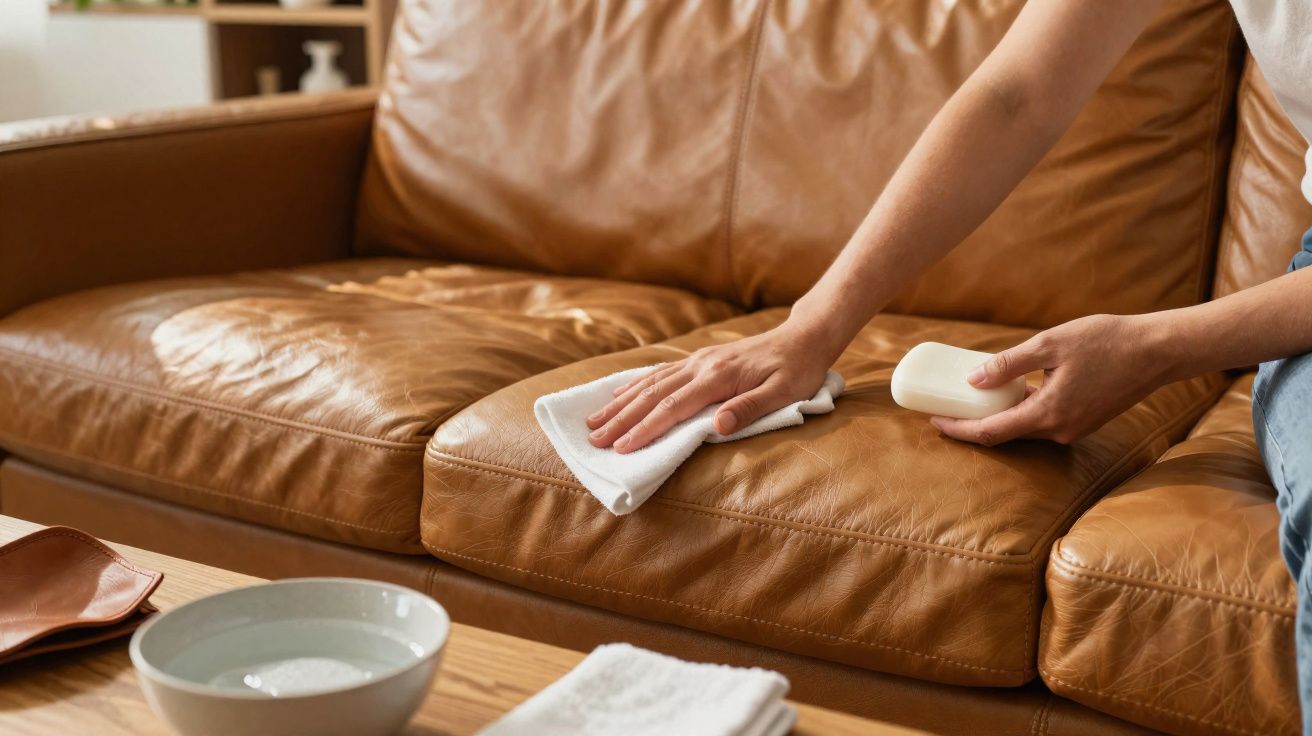 Pessoa limpando sofá de couro marrom com pano branco e sabão em barra.