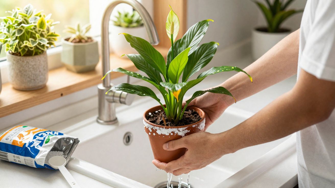 Pessoa lavando planta em vaso de barro na pia da cozinha com outras plantas no balcão ao fundo.