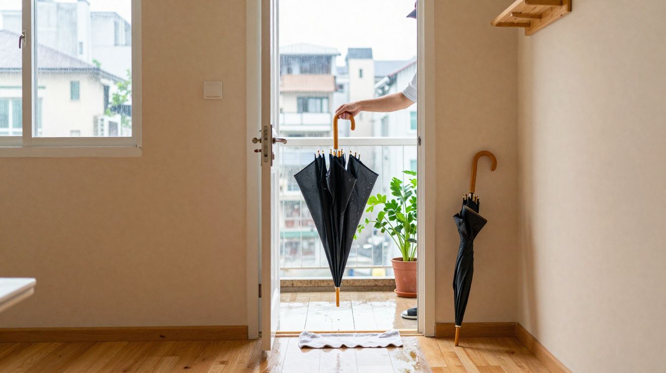 Porta aberta mostrando uma mão segurando guarda-chuva preto molhado em ambiente interno com planta e outro guarda-chuva apoia