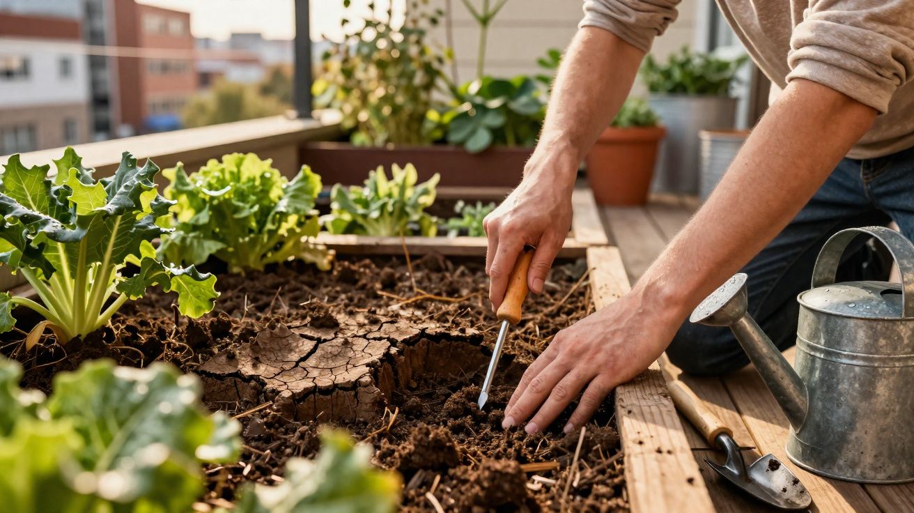 Pessoa cuidando de horta em jardim, cavando terra com ferramenta e regador ao lado.
