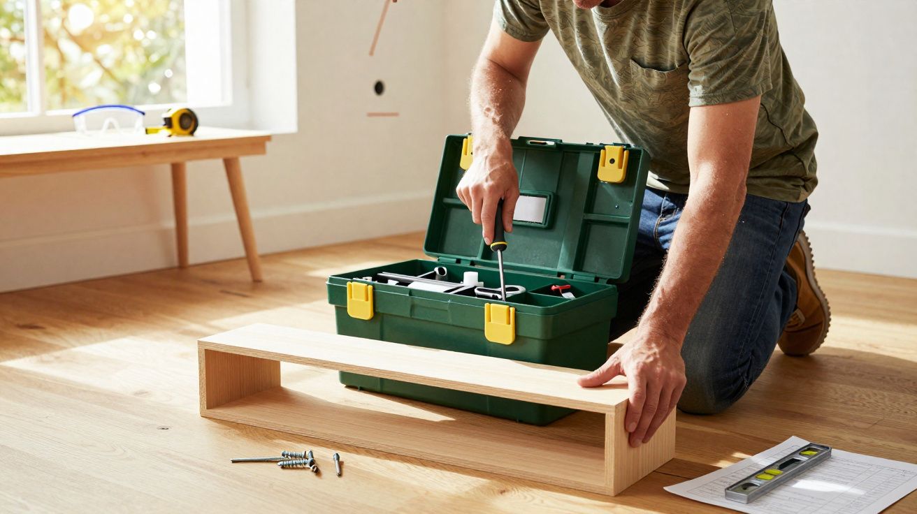 Pessoa usando ferramenta para montar prateleira de madeira no chão ao lado de caixa de ferramentas verde.