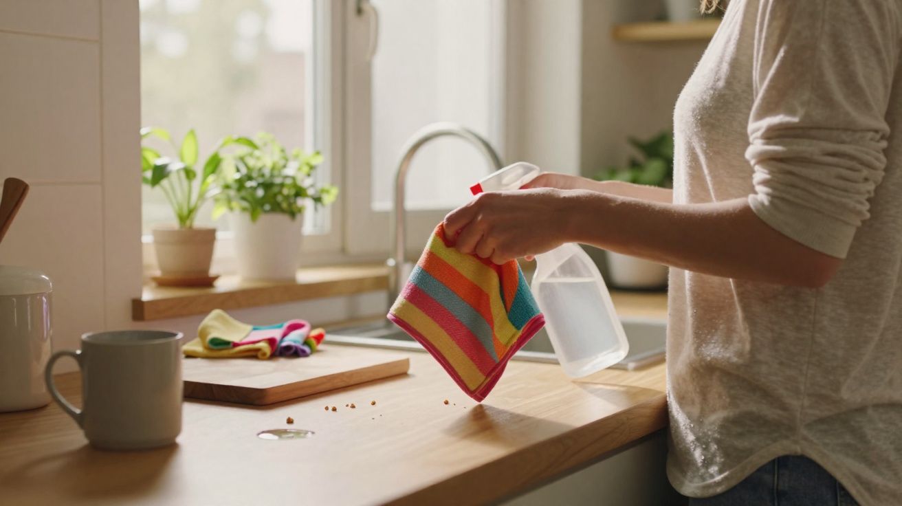 Pessoa limpando bancada de cozinha com pano colorido e spray de limpeza perto da pia e janela.